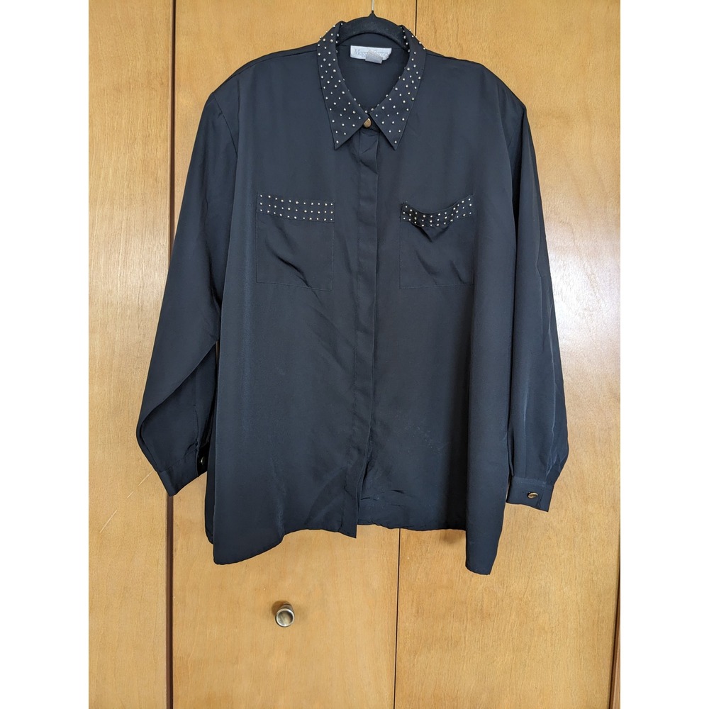 Vintage 90s Maggie Barnes Black Studded Blouse Plus Size 24W Button Down